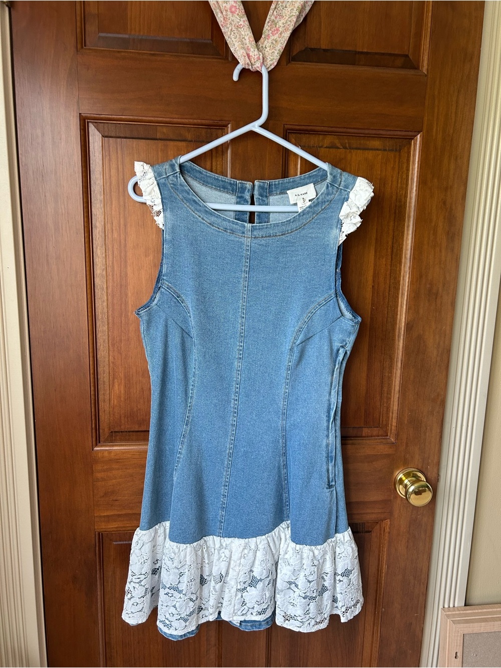 Sleeveless Light Blue Denim Mini Dress with White Lace Trim